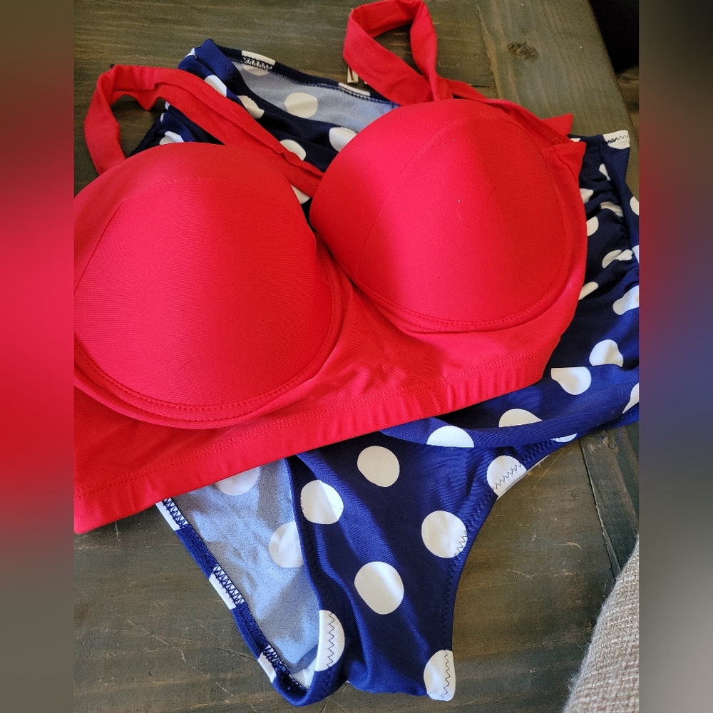 Retro Pin Up Inspired Red and Navy Polka Dot Bikini Set NWT XXL